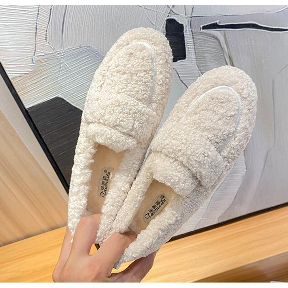 Furry Lambswool Mocasines Plus Size Women Shearling Flats Warm Cotton Shoes Slip On Sheep Fur Lined 2