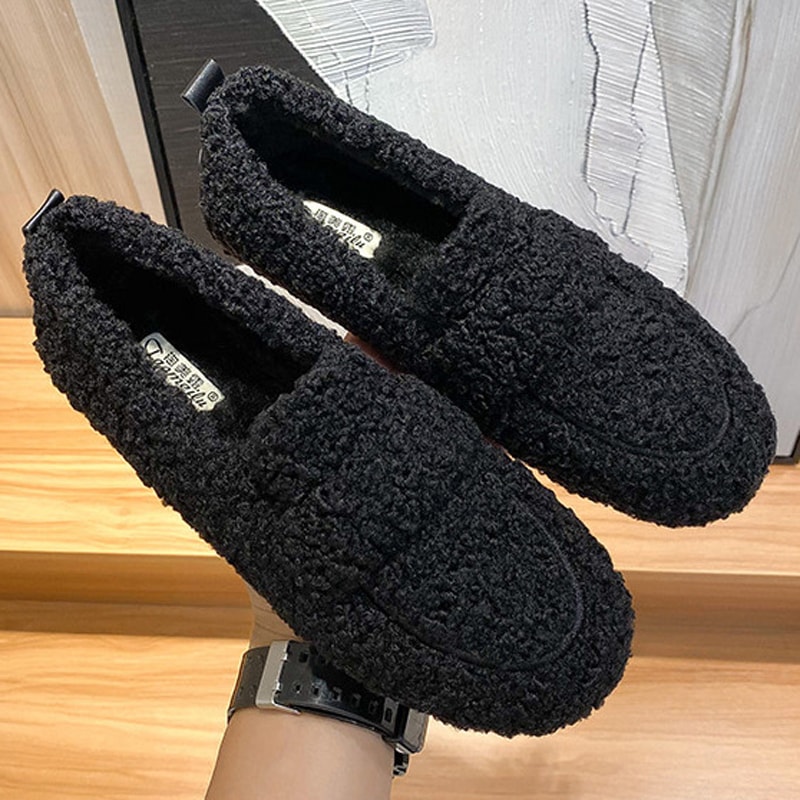Furry Lambswool Mocasines Plus Size Women Shearling Flats Warm Cotton Shoes Slip On Sheep Fur Lined 6