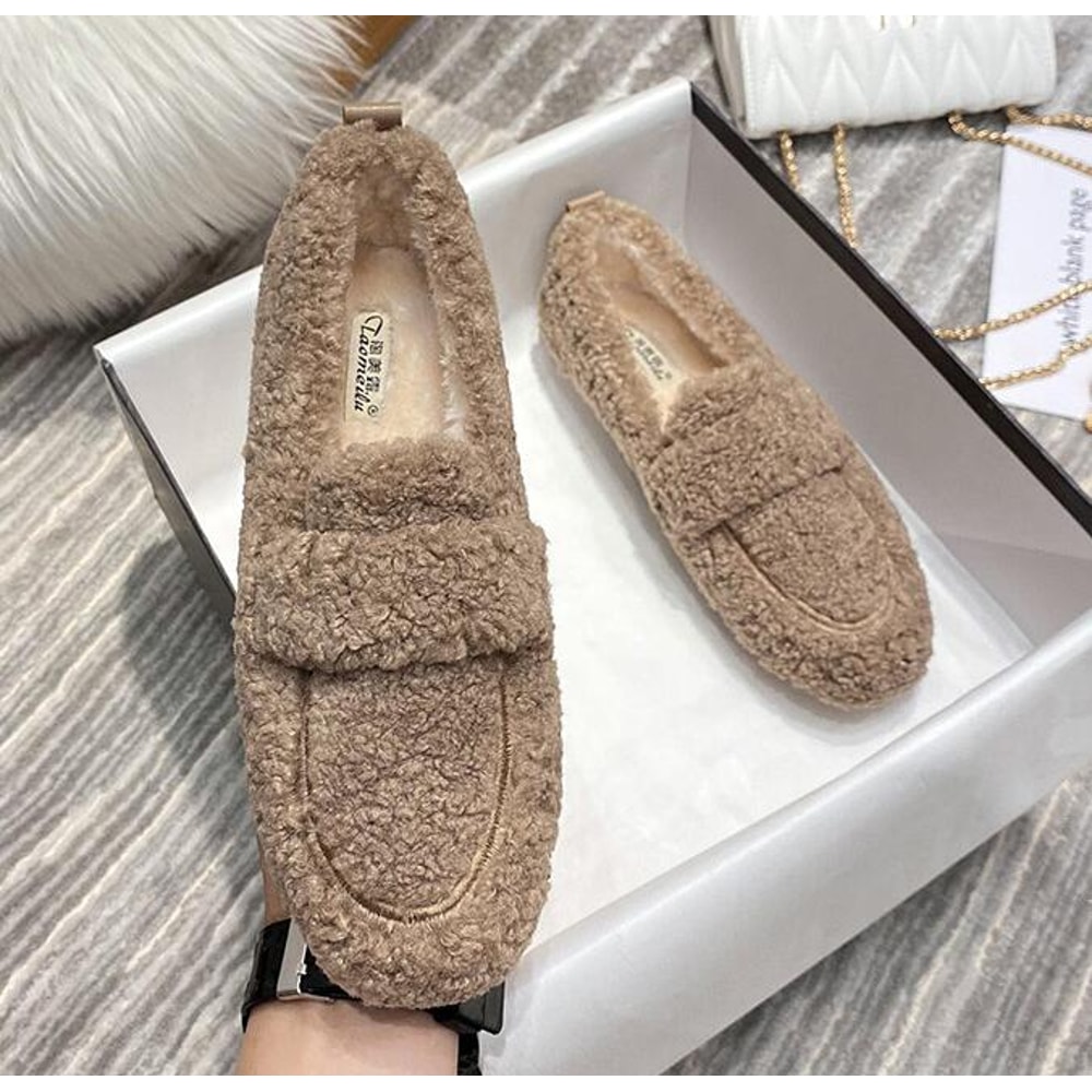 Furry Lambswool Mocasines Plus Size Women Shearling Flats Warm Cotton Shoes Slip On Sheep Fur Lined 7