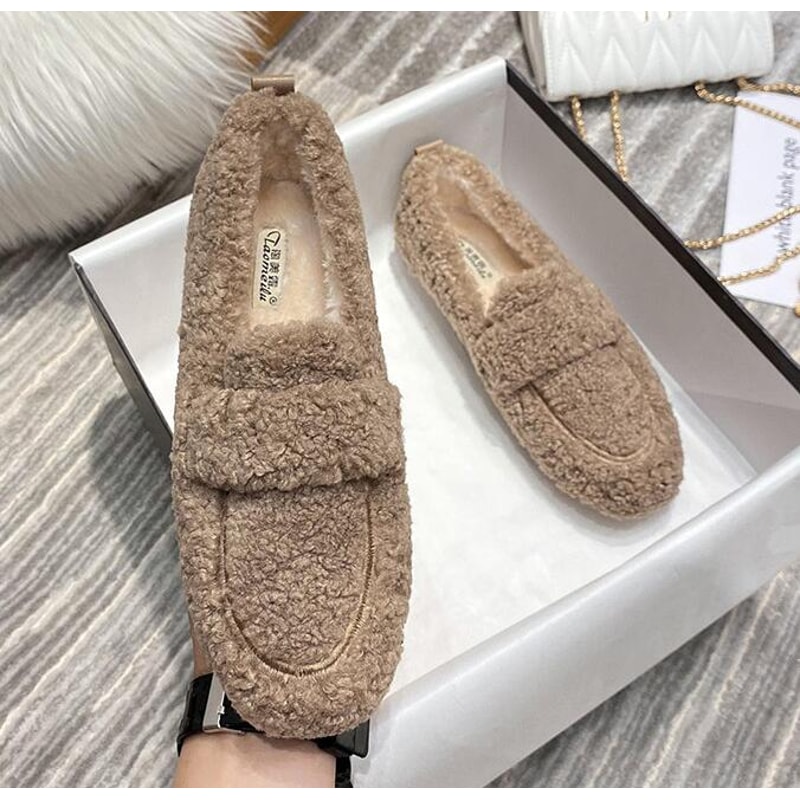 Furry Lambswool Mocasines Plus Size Women Shearling Flats Warm Cotton Shoes Slip On Sheep Fur Lined 7