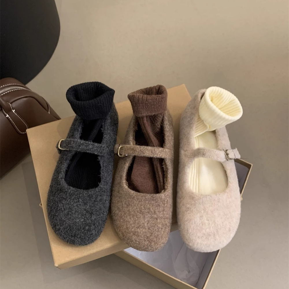 Ladies Wool Mary Jane Shoes Fashion Square Toe Fleece Ballet Flats Winter Warm Elegant Plush Loafer 0