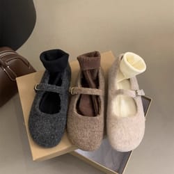 ladies wool mary jane shoes, fashion square toe fleece ballet flats, winter warm elegant plush loafers for women