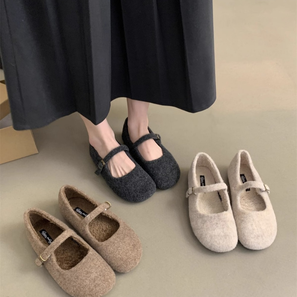 Ladies Wool Mary Jane Shoes Fashion Square Toe Fleece Ballet Flats Winter Warm Elegant Plush Loafer 1
