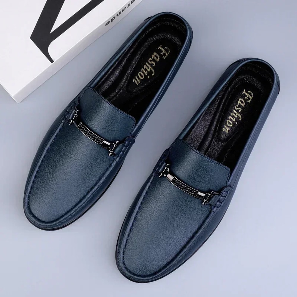 New Casual Men SlipOn Shoes Luxury Leather Blue Loafers Handmade Business Driving Flats 0