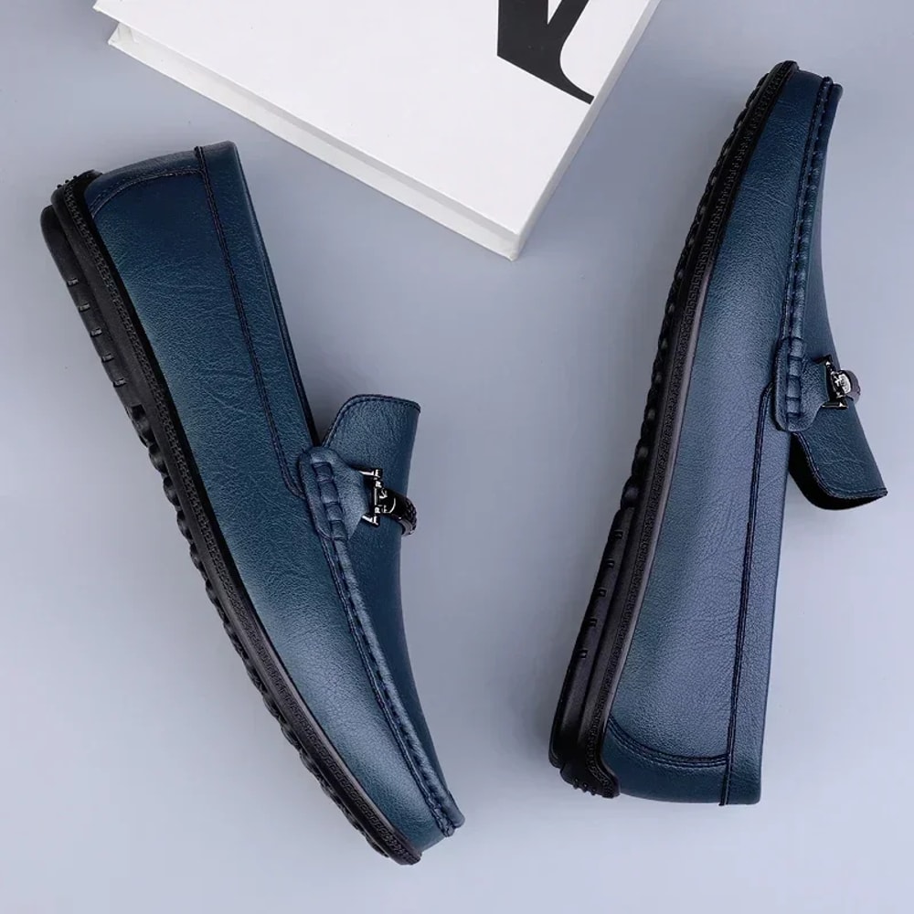 New Casual Men SlipOn Shoes Luxury Leather Blue Loafers Handmade Business Driving Flats 3