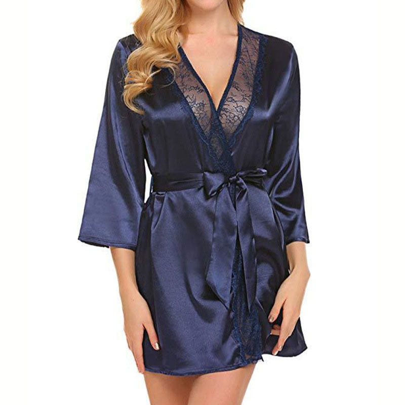 Women Sexy Lace Satin Robe Black Plus Size Sleepwear Nighty Soft Comfortable Short Nightgown Bathro 4