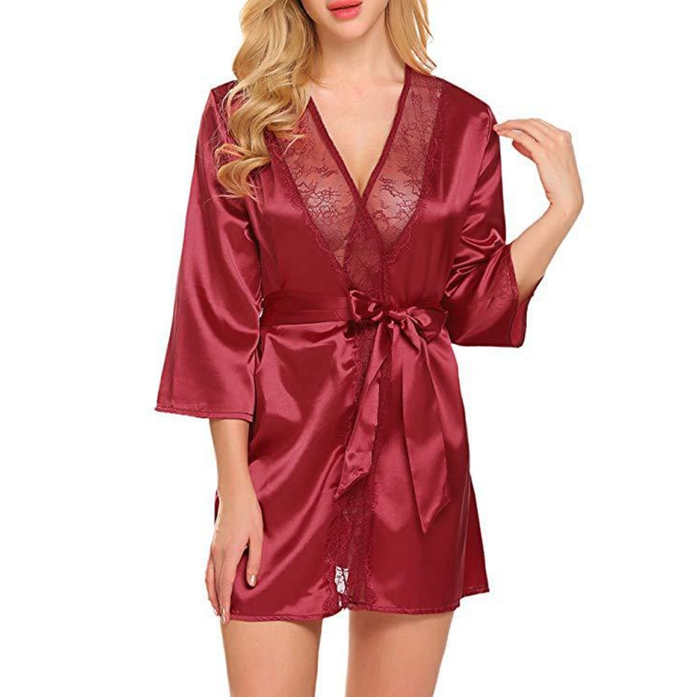 Women Sexy Lace Satin Robe Black Plus Size Sleepwear Nighty Soft Comfortable Short Nightgown Bathro 6