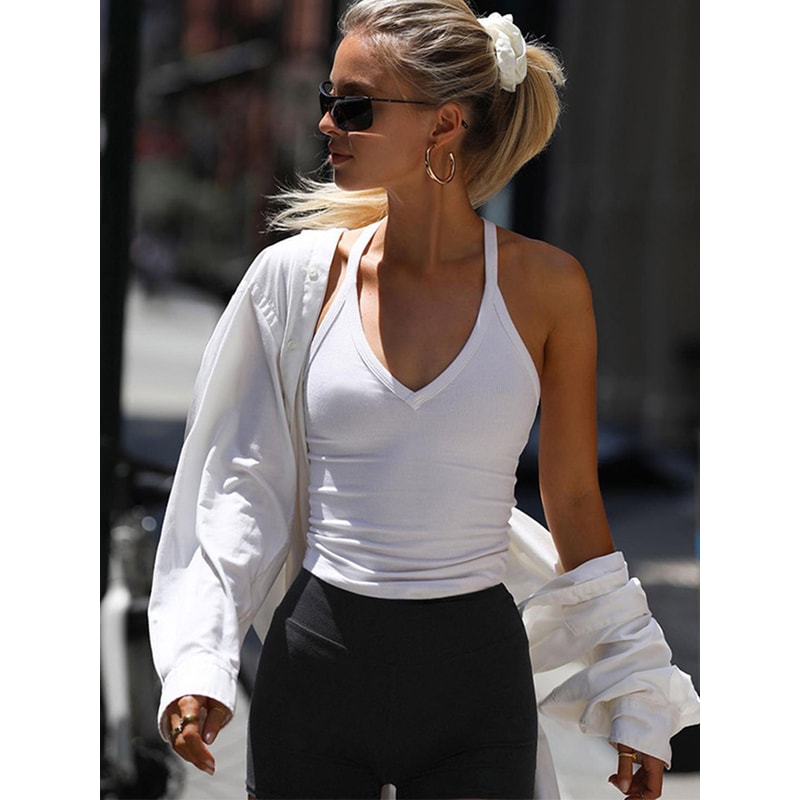 Spring Summer Sleeveless V Neck Ribbed Tank Top Casual Basic Women Clothes Black White Gray Camisol 0