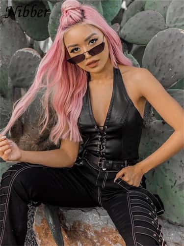 Nibber Black PU Leather Crop Top, Sexy Punk Womens Backless Camisole, Fashion Summer Tank Top, Club Wear Vest for Party