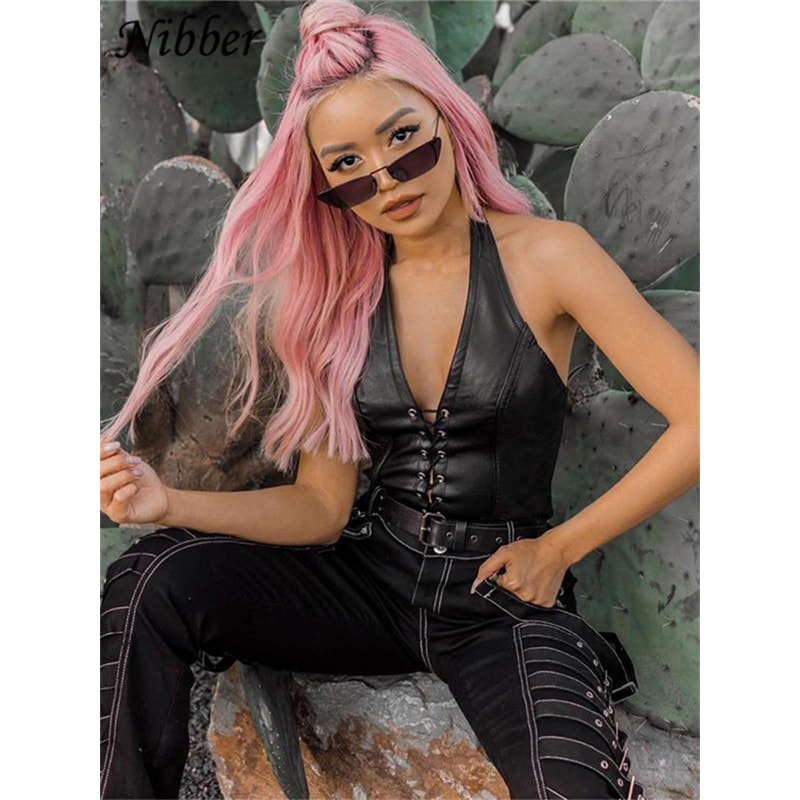 Nibber Black PU Leather Crop Top Sexy Punk Womens Backless Camisole Fashion Summer Tank Top Club We 0