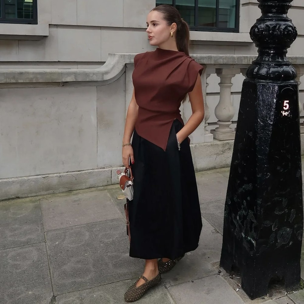 Slim Fit Summer Asymmetric Tank Women Wine RedBrownBlack Ruched Sleeve Tops For Office Party Breat 0