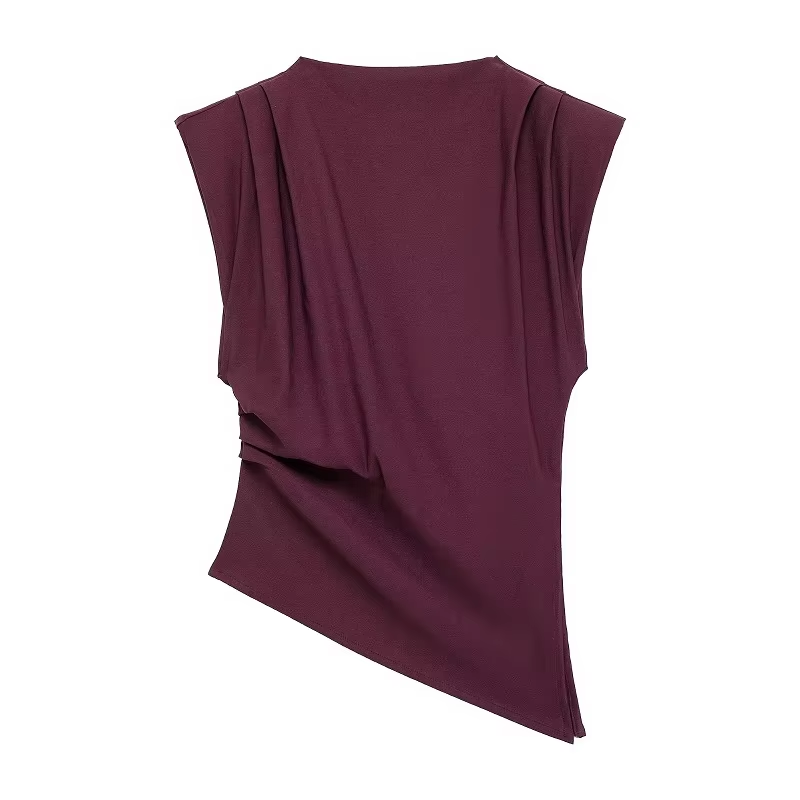 Slim Fit Summer Asymmetric Tank Women Wine RedBrownBlack Ruched Sleeve Tops For Office Party Breat 4