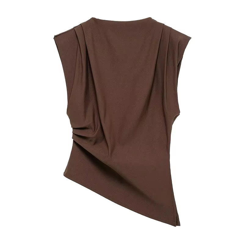 Slim Fit Summer Asymmetric Tank Women Wine RedBrownBlack Ruched Sleeve Tops For Office Party Breat 5