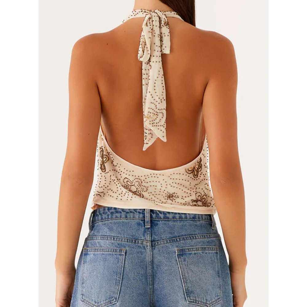 Embroidered Lace VNeck Sleeveless Tank Tops For Women Summer Casual Vest Backless Halter Neck Stree 2