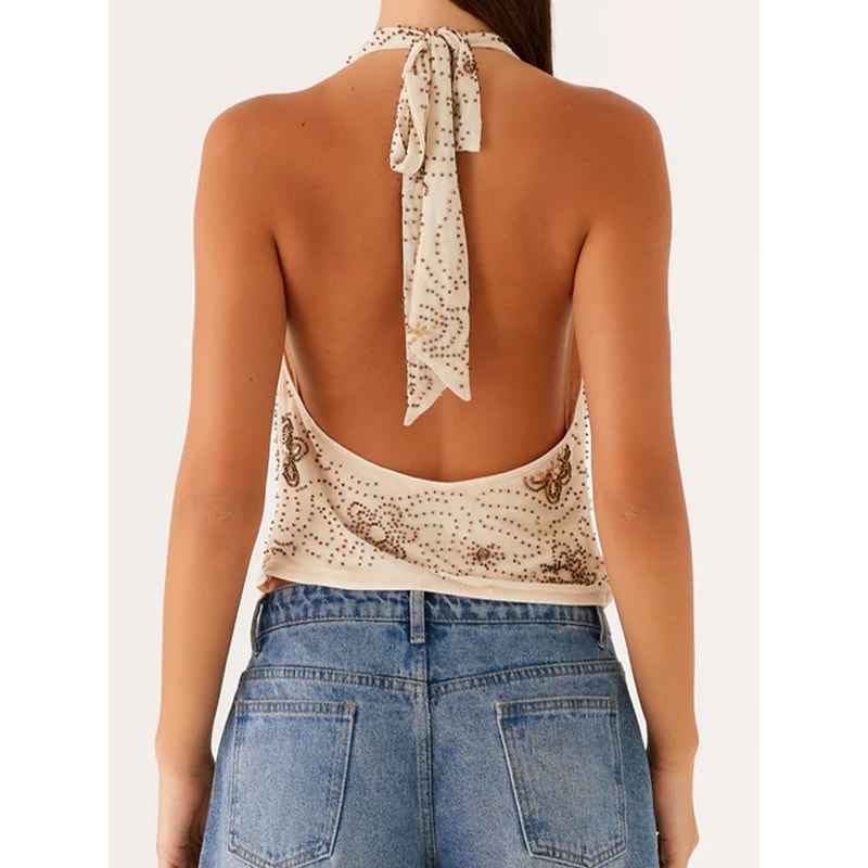 Embroidered Lace VNeck Sleeveless Tank Tops For Women Summer Casual Vest Backless Halter Neck Stree 2
