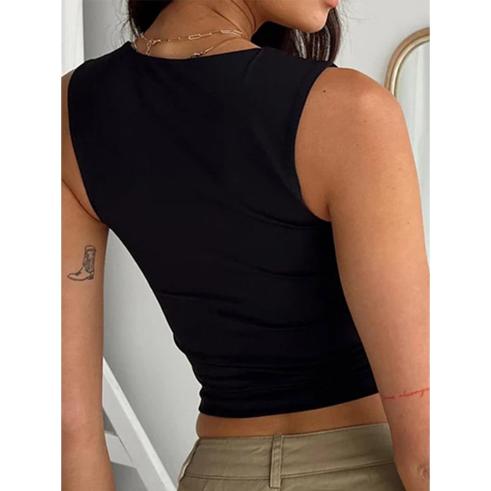 Casual Sleeveless Collar Crop Top Sexy Women Tank Tops Black Summer T Shirts 3