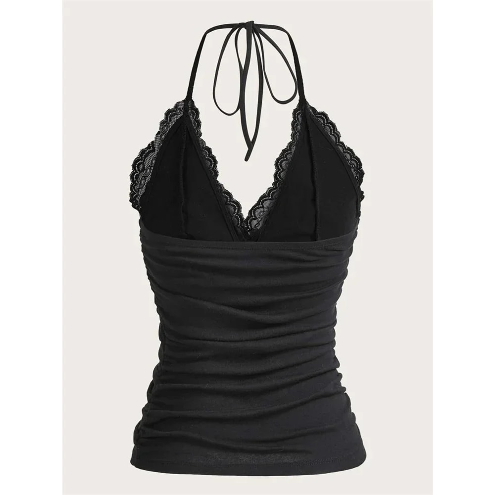 Women Summer Sexy Lace Vneck Halter Top Grunge Punk Goth Backless Ruched Cami Crop Top Trendy Stree