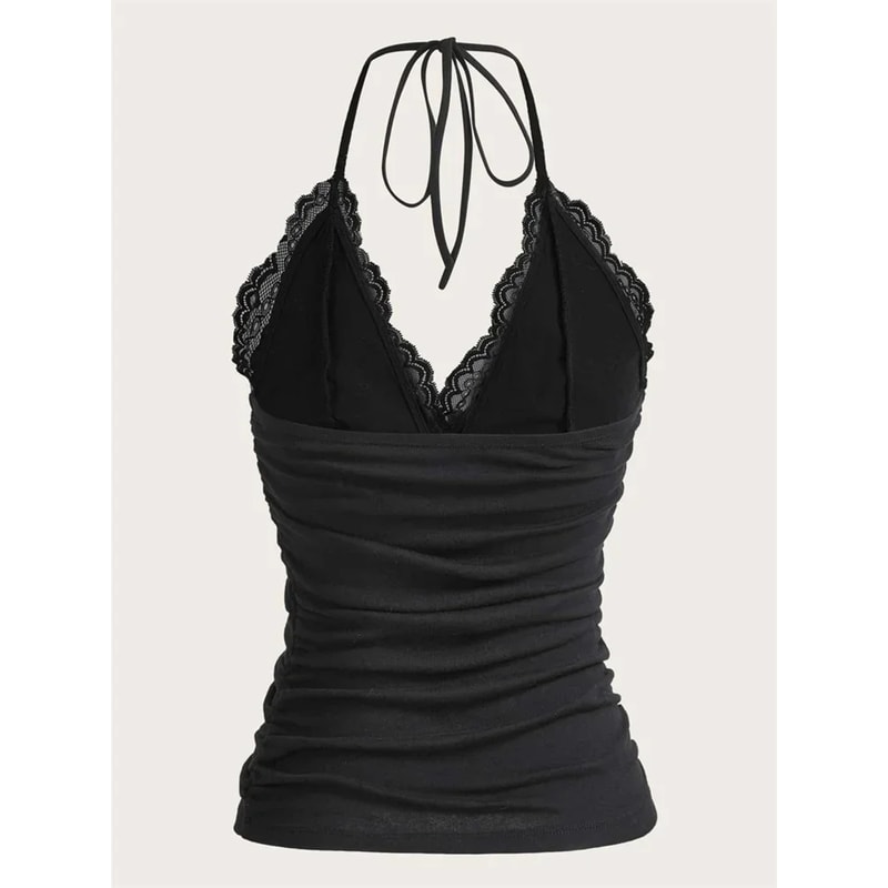 Women Summer Sexy Lace Vneck Halter Top Grunge Punk Goth Backless Ruched Cami Crop Top Trendy Stree