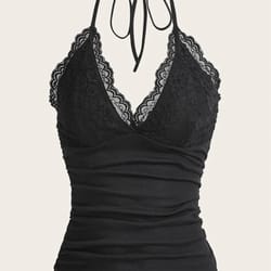 women summer sexy lace v-neck halter top, grunge punk goth, backless ruched cami crop top, trendy streetwear