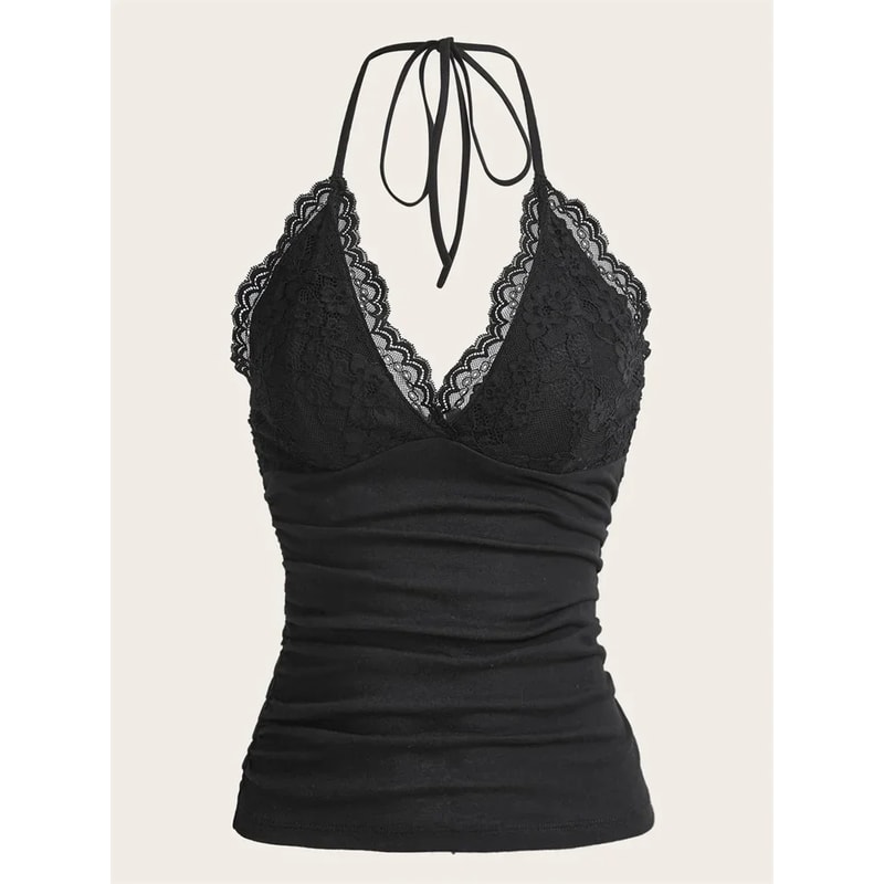Women Summer Sexy Lace Vneck Halter Top Grunge Punk Goth Backless Ruched Cami Crop Top Trendy Stree