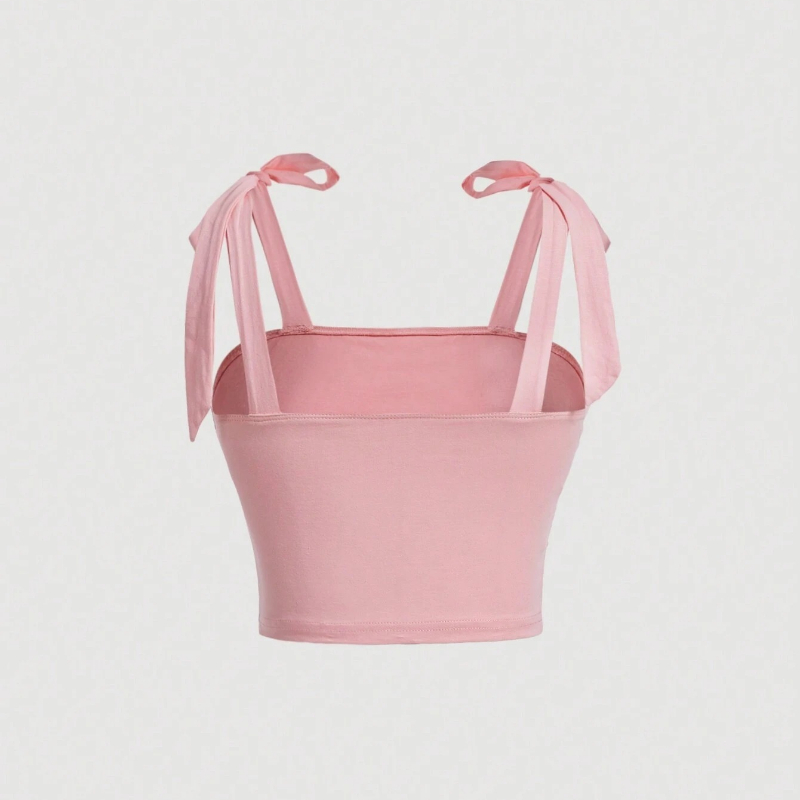 Pink Backless Camis Top Solid Tie Shoulder Ruched Design Wide Strap Slim Fit Crop Top Summer Women 6