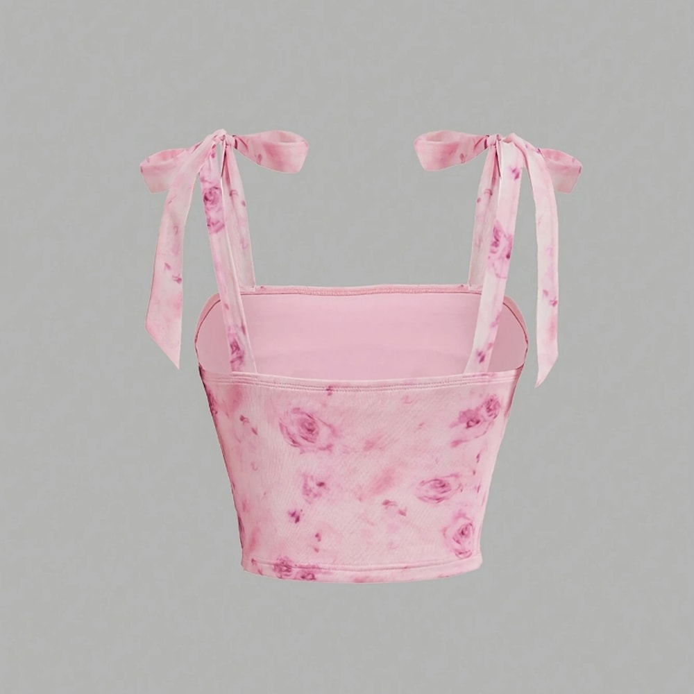 Pink Backless Camis Top Solid Tie Shoulder Ruched Design Wide Strap Slim Fit Crop Top Summer Women 9