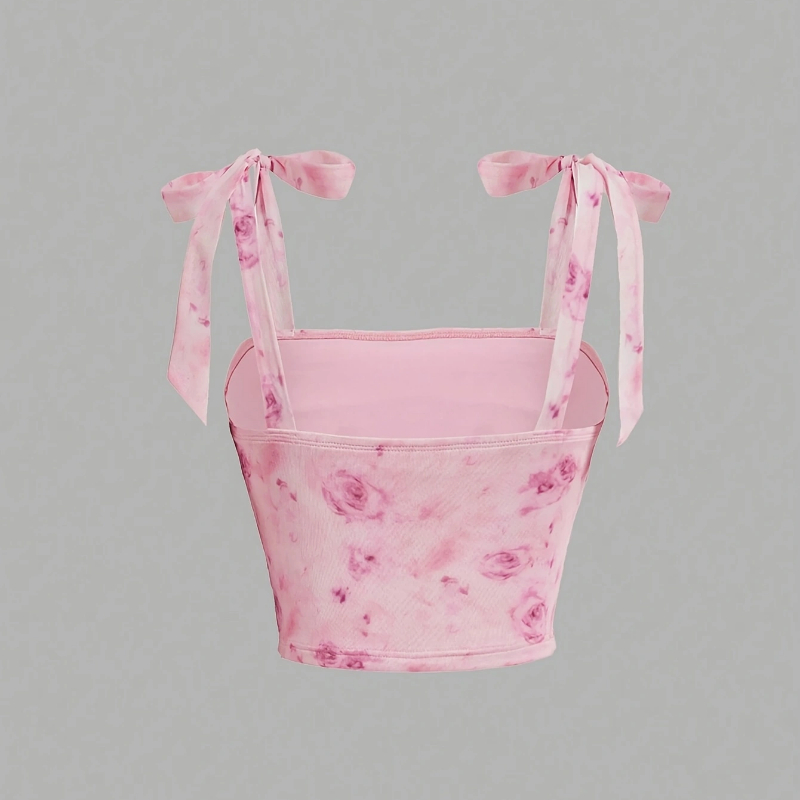 Pink Backless Camis Top Solid Tie Shoulder Ruched Design Wide Strap Slim Fit Crop Top Summer Women 9