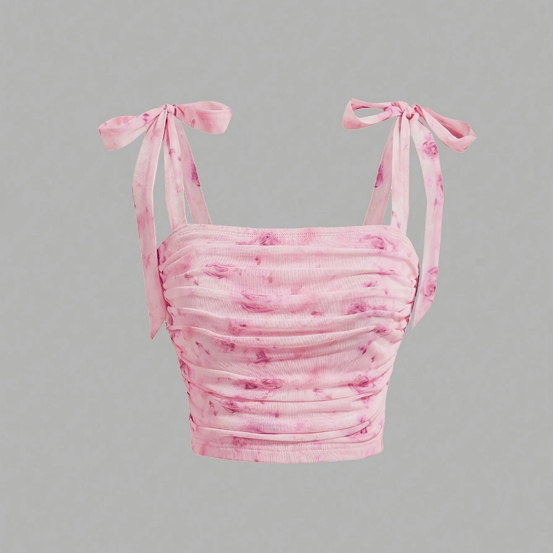 Pink Backless Camis Top Solid Tie Shoulder Ruched Design Wide Strap Slim Fit Crop Top Summer Women 2