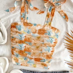 pink backless camis top, solid tie shoulder ruched design, wide strap slim fit crop top, summer women clothing