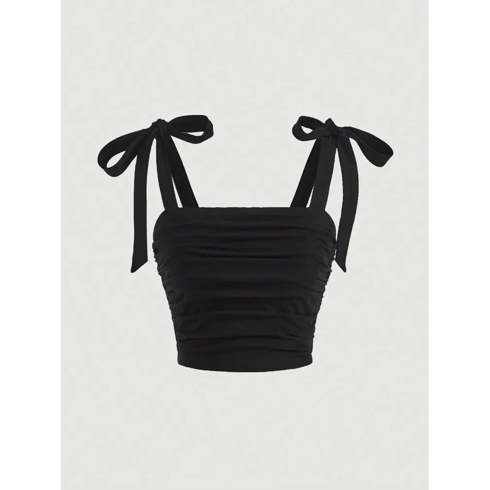 Pink Backless Camis Top Solid Tie Shoulder Ruched Design Wide Strap Slim Fit Crop Top Summer Women 4