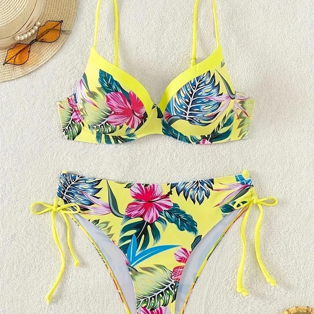 Women's Tropical Floral Print Bikini Set, High Elasticity Lycra, Button Details, Comfortable Fit Swimwear