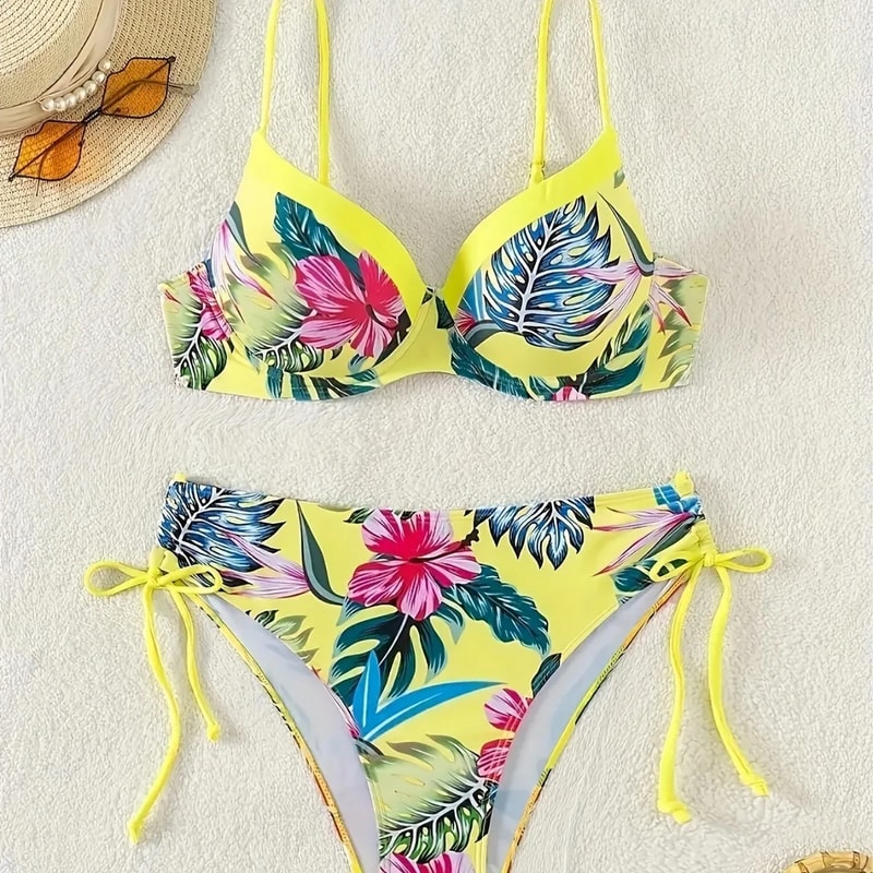 Women's Tropical Floral Print Bikini Set, High Elasticity Lycra, Button Details, Comfortable Fit Swimwear