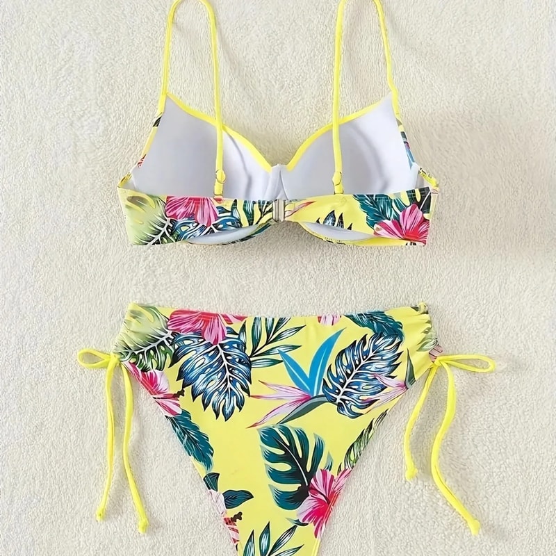 Women's Tropical Floral Print Bikini Set, High Elasticity Lycra, Button Details, Comfortable Fit Swimwear