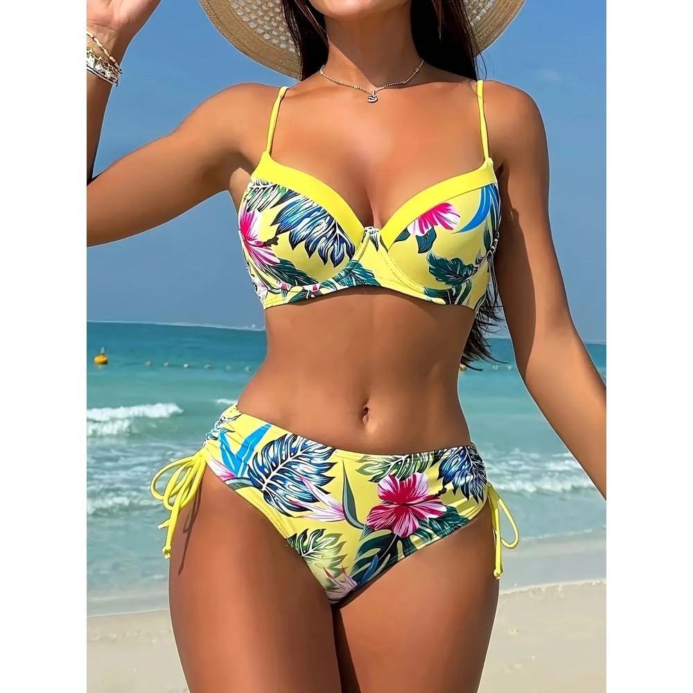Women's Tropical Floral Print Bikini Set, High Elasticity Lycra, Button Details, Comfortable Fit Swimwear