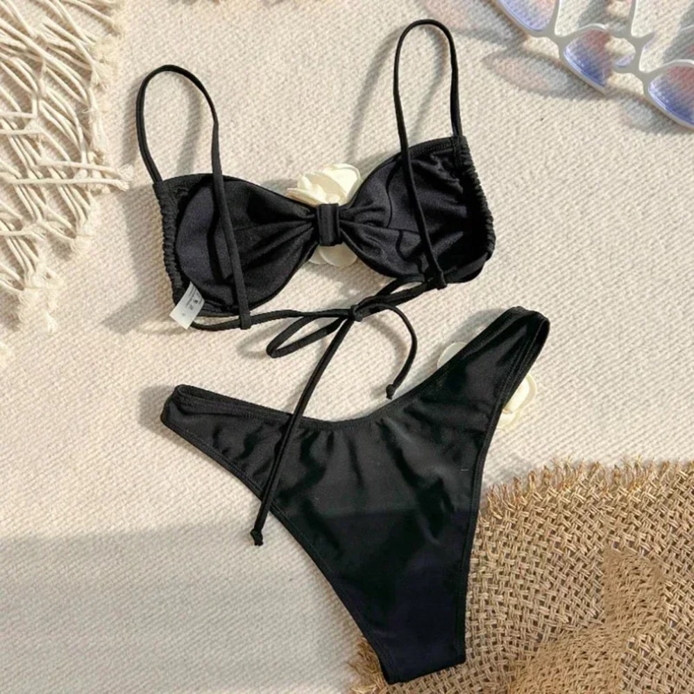 Sexy Flower Bandeau Thong Bikini Laceup Swimwear 2025 Women Brazilian Bikinis Set Mujer Swimming Ba