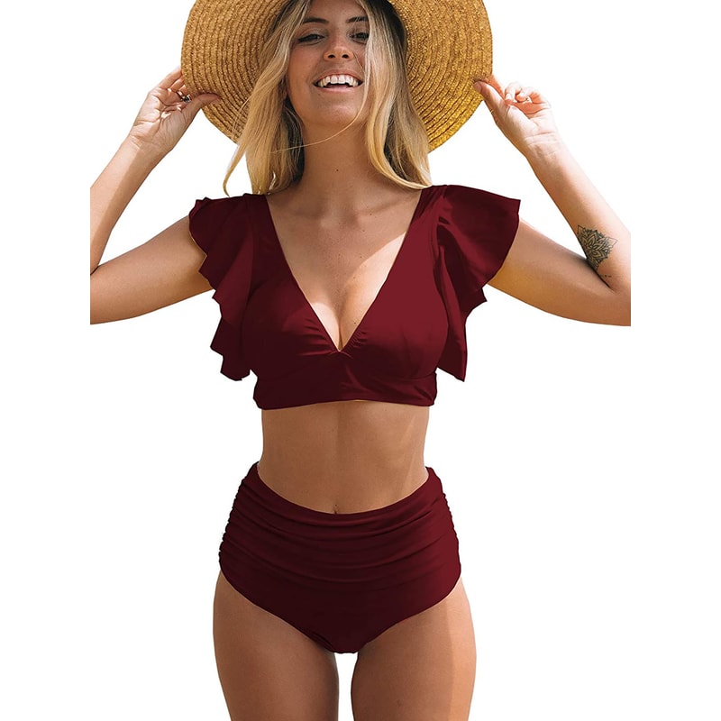 Fashionable Leopard Print Bikini High Waist Swimwear Ruffle Cuffs Bikini Sets For Women Beachwear 3