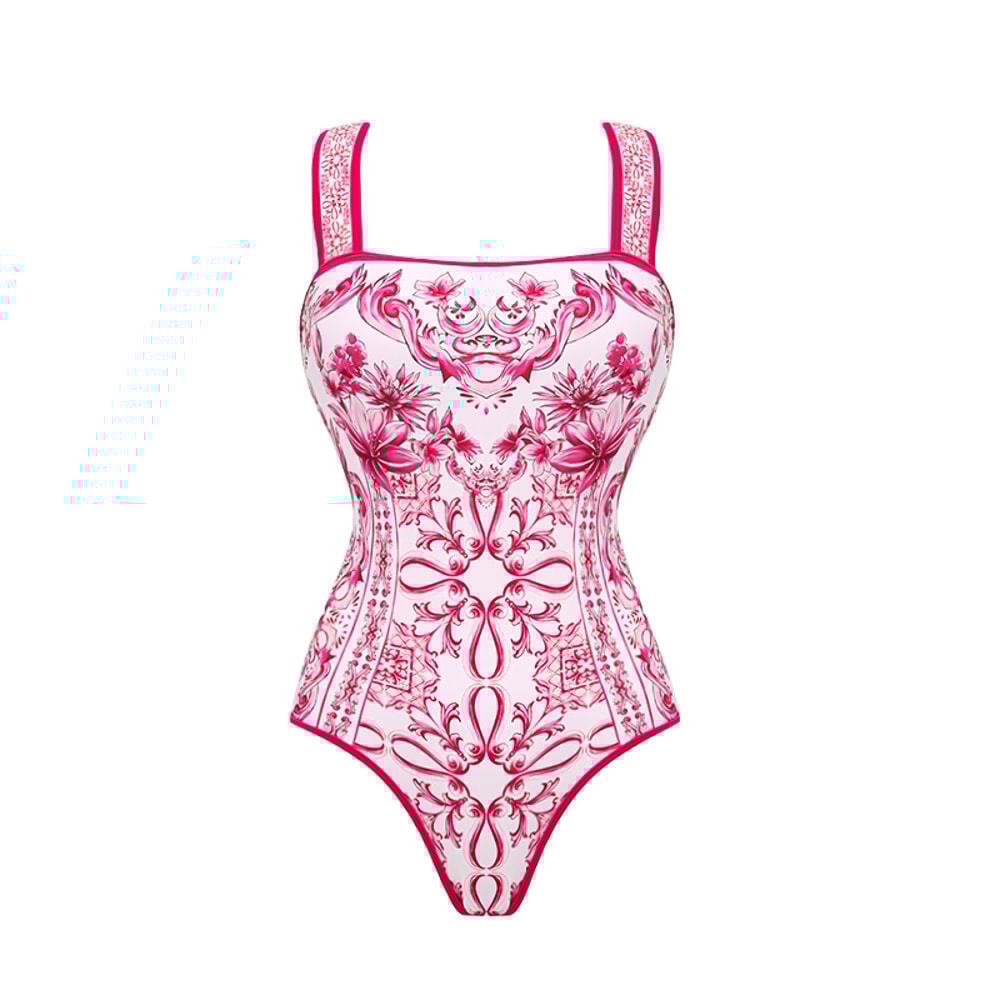 Vintage Pattern Printed One Piece Swimsuit Swimwear Bikini Set For Women 2