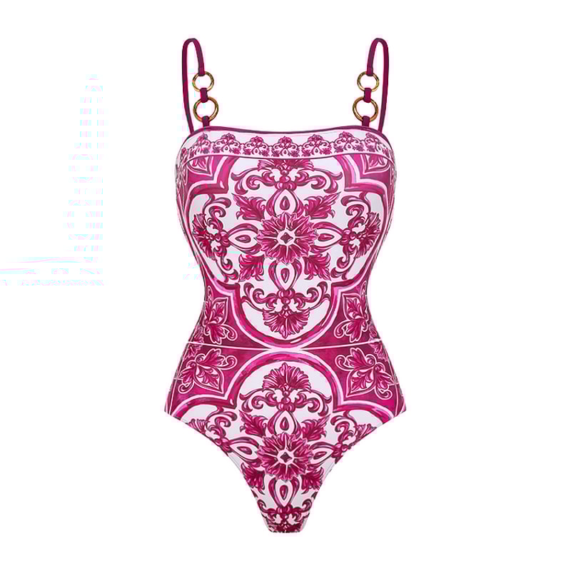 Vintage Pattern Printed One Piece Swimsuit Swimwear Bikini Set For Women 5