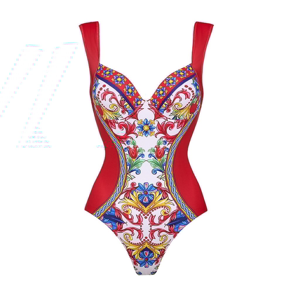 Vintage Pattern Printed One Piece Swimsuit Swimwear Bikini Set For Women 6