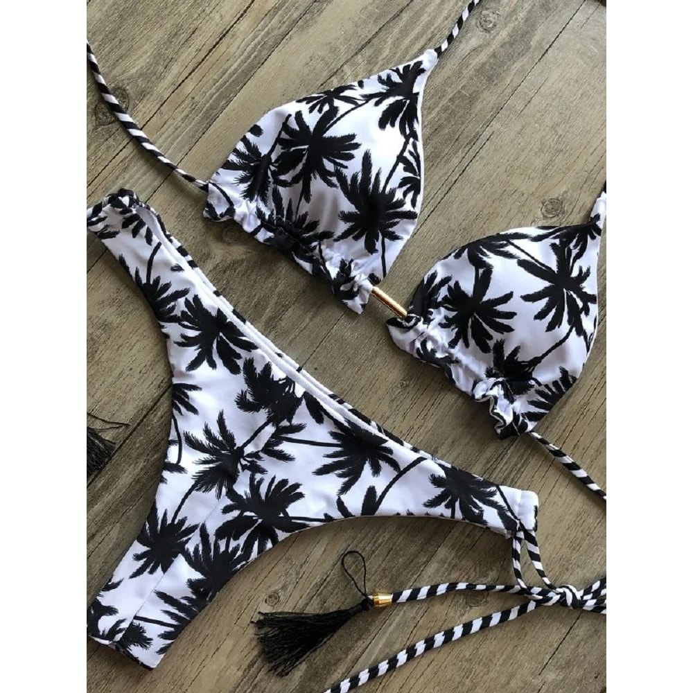 Sexy Black And White Coconut Tree Bikini Set Women Triangle Halter Swimsuit Brazilian Style Bathing 1