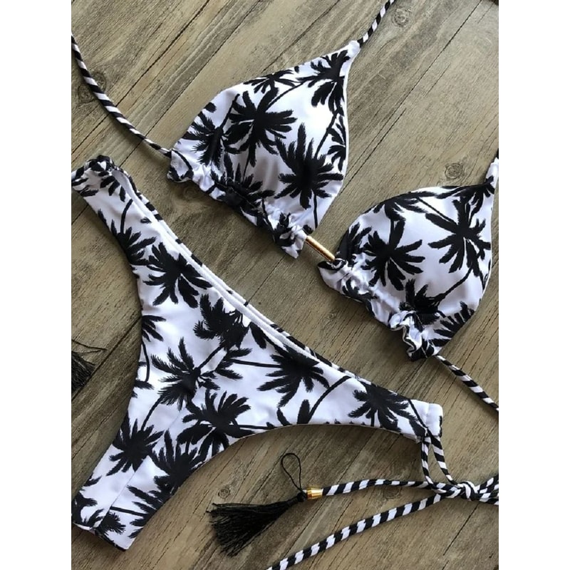Sexy Black And White Coconut Tree Bikini Set Women Triangle Halter Swimsuit Brazilian Style Bathing 1