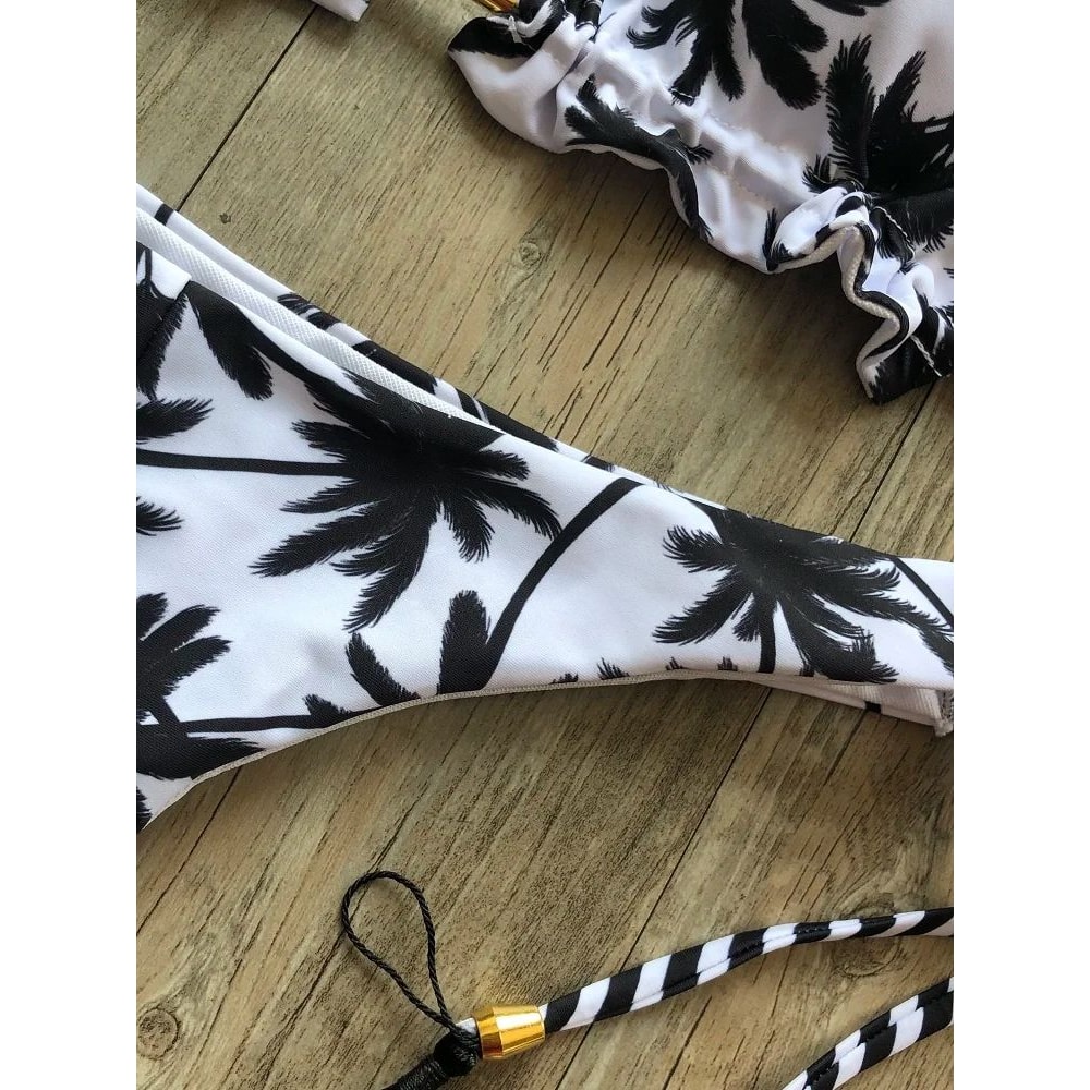 Sexy Black And White Coconut Tree Bikini Set Women Triangle Halter Swimsuit Brazilian Style Bathing 2