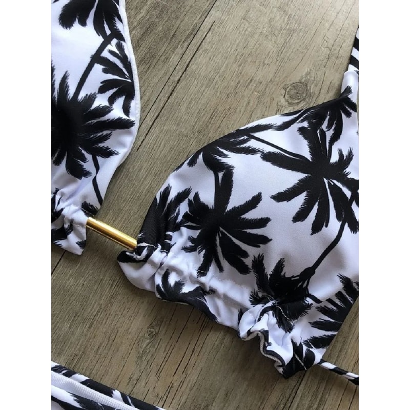 Sexy Black And White Coconut Tree Bikini Set Women Triangle Halter Swimsuit Brazilian Style Bathing 5