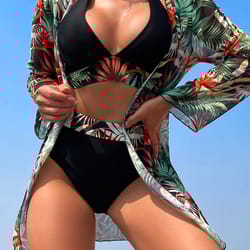 high waist swimwear bikini for women, halter print swimsuit with kimono, beachwear bathing suit