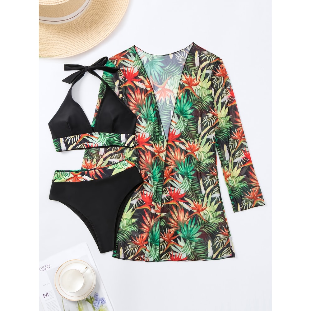 High Waist Swimwear Bikini For Women Halter Print Swimsuit With Kimono Beachwear Bathing Suit 5