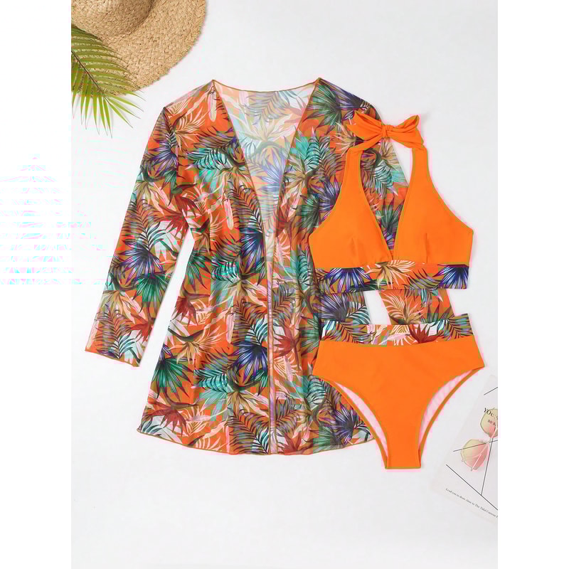 High Waist Swimwear Bikini For Women Halter Print Swimsuit With Kimono Beachwear Bathing Suit 6