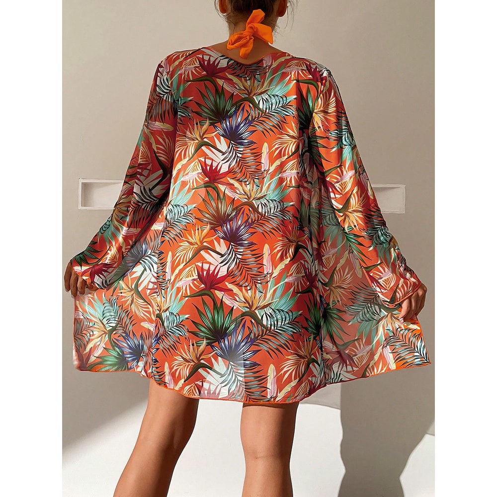 High Waist Swimwear Bikini For Women Halter Print Swimsuit With Kimono Beachwear Bathing Suit 4