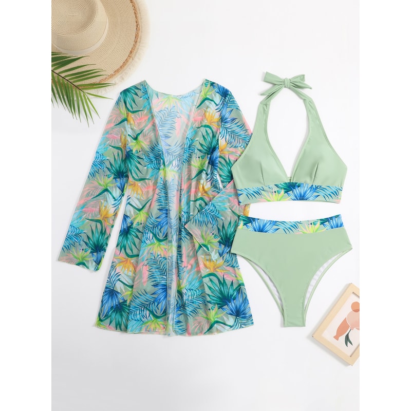 High Waist Swimwear Bikini For Women Halter Print Swimsuit With Kimono Beachwear Bathing Suit 8