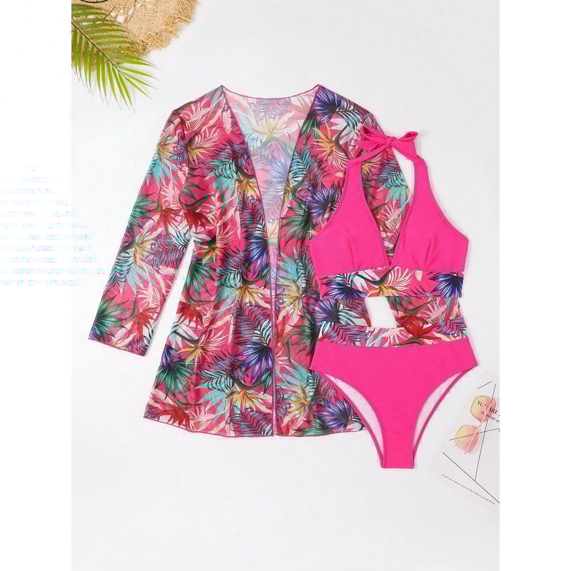 High Waist Swimwear Bikini For Women Halter Print Swimsuit With Kimono Beachwear Bathing Suit 7