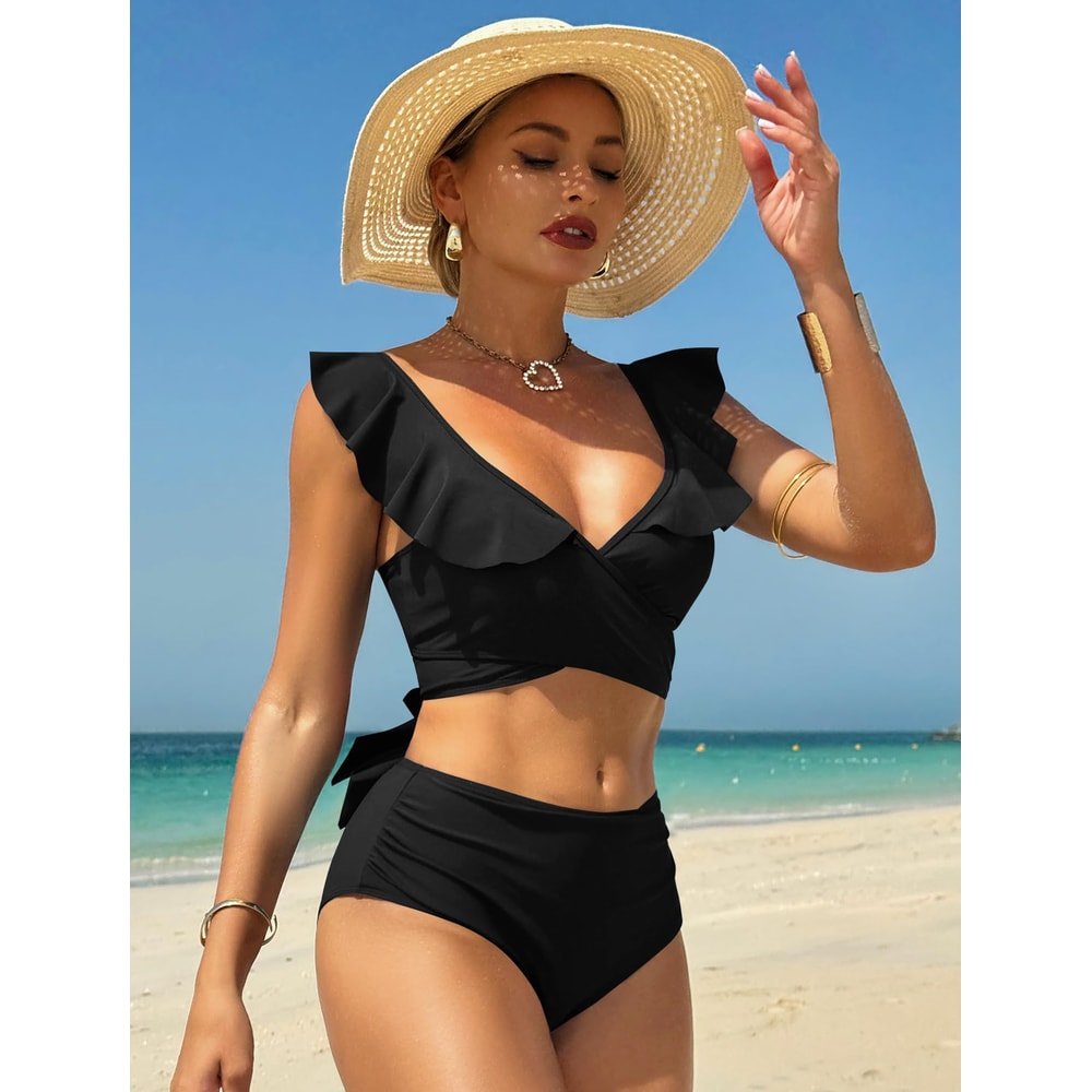 High Waisted Bikini Set For Women Ruffle Two Piece Swimsuit Cross Cutout Ruched Bathing Suit 1